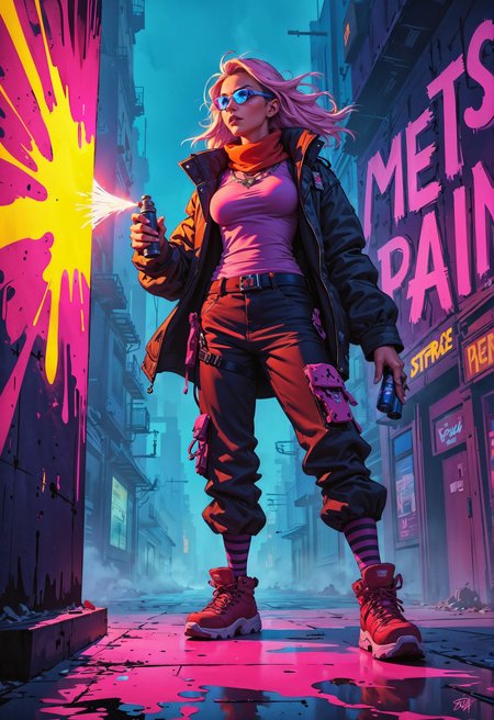 (in Don Bluth style:1.2), high-quality, masterpiece, A phantom graffiti artist, mid-shot, caught in the act of spraying glowing paint onto an invisible wall, Her expression is one of defiance, lips curled in concentration as the vibrant spray forms chaotic neon shapes around her, The composition echoes the raw energy of urban street art, with bold colors and dynamic motion captured in a Dutch angle, Street art style, mid-shot, Dutch angle, neon spray, defiant expression, (elaborate fine details:1.1), (elaborately detailed attire with extraordinary elements:1.1), (hyperdetailed:1.1), (intricate details:1.0), (Refined details:1.1), (best quality:1.1), (high resolution:1.2)