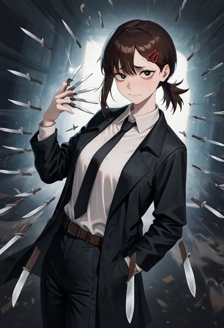 masterpiece, best quality, newest, absurdres, highres, 
anime, anime style, 
1girl, higashiyama kobeni \(chainsaw_man\), brown hair, collared shirt, black necktie, black jacket,
KFV1.0, knife, throwing, throw, throwing knife, 
multiple knives, holding, holding knife, weapon, holding weapon, 
knives between fingers,