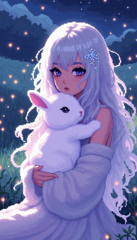 pinkpixelicious,
A serene woman with flowing silver hair and soft lavender eyes, cradling a fluffy white rabbit in her arms. She wears a sheer, pearlescent gown that glows under the moonlight. The background is a dreamy meadow filled with tiny glowing fireflies.