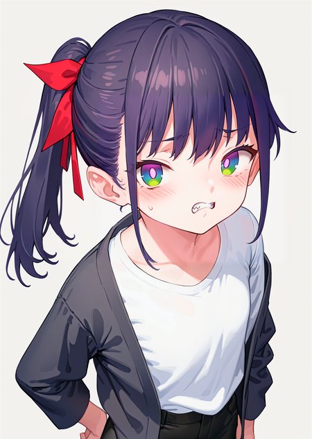 (best quality, masterpiece:1.2),
cowboy shot, upper body,
1girl, solo,
petite, ponytail, short hair,
black hair, hair ribbon, two-tone hair,  looking at viewer,
multicolored eyes, green eyes, purple eyes, white pupils,
black jacket, white  shirt, oversized clothes,
black pants,
standing,
highres,sharp focus,Professional,Impasto,
front view,close-up,
reality_ray_tracing,ambient_light,
simple background, grey background,
 <lora:ASYLJ77-XL-MainlyForFace:0.9>