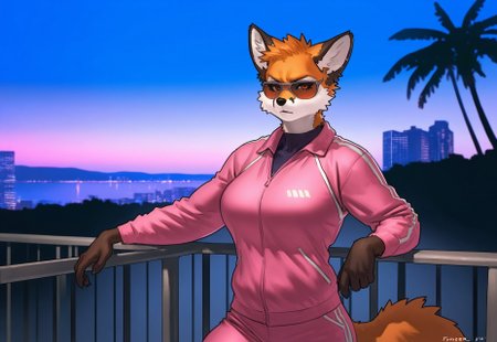 safe_pos, (pgm300, taran fiddler), masterpiece, best quality,  
detailed background, detailed:1.2, detailed light, 5 fingers, solo, female, anthro, furry, fox, medium breasts, serious face, sunglasses, pink jacket, pink pants, synthwave, city, palm tree, beach,
masterpiece, best quality, good quality, newest, 

