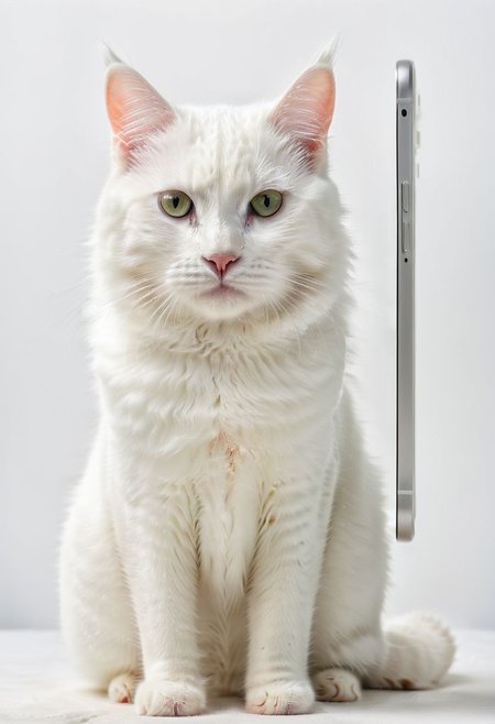A white cat with smartphone, photo smartphone, detailed smartphone, simple background, 8k, HD . Overall, the image depicts the smartphone as a white cat device, a perfect blend of feline and scientific nature.