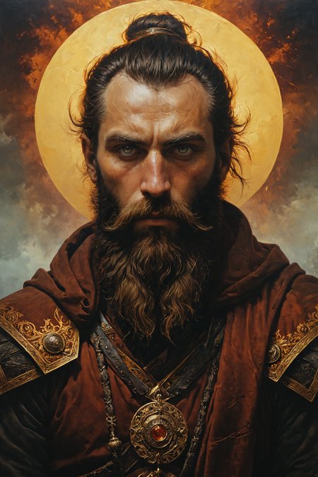 (art by Master of the Worcester Panel and Sergei Arksentevich Kolyada and Caspar David Friedrich:1.2),(burgundy and citrine colors:0.1),symmetry composition,highly detailded,smooth,sharp,painting of ancient warrior dressed as godlike ancient warrior,handsome,full beard,by alena aenami,oil painting on canvas,cinematic mood lighting high quality,stephen,<lora:Desolation:0.3>,<lora:envy_rough_oil:0.3>,