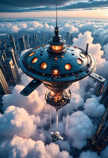SmoothNoob_Quality, above clouds, flying saucer, mothership, city lights, cityscape, <lora:Smooth_Booster:0.5>​​​