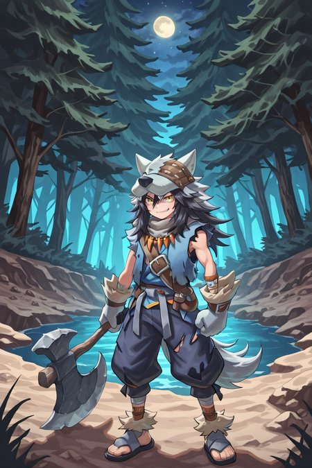 <lora:FlunkyIL:0.8> , fludef, 1boy, black hair, long hair, yellow eyes, wolf hat, wolf hood, wolf pelt, wolf tail, grey scarf, bandana around neck, necklace, tooth necklace, fur trim, blue vest, torn clothes, paw gloves, sandals, full body, wasteland, forest, bridge, mountains, exterior, night, smile,  looking at viewer, holding axe, double-sided axe, great axe, smirk, (solo), masterpiece, very aesthetic, absurdres, best quality, amazing quality, high resolution, detailed background,  <lora:illustrious_quality_modifiers_masterpieces_v1:0.8> , <lora:ChamIllustriousBackgroundEnhancer:0.5>