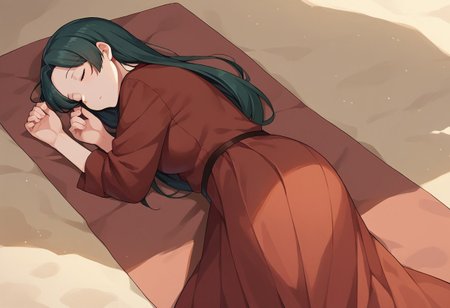 score_9, score_8_up, score_7_up, source_anime, mikuma (kancolle), hair down, long hair, sleeping, lying, on beach