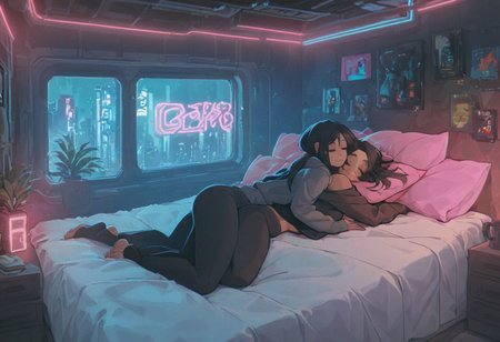score_9,score_8_up,score_7_up,score_6_up, 2girls, both girls in bed, next to each other, both are sleeping,
 sleeping in bed next to a large window, eyes closed, sleeping, steaming coffee cup on windowsill, wearing croptop hoodie, black croptop hoodie, long hair, black hair, low ponytail hairstyle, head resting on pillow, laying on the bed, hoodie, plants on the windowsill,  facing viewer,  tidy bedroom, small room, cramped bedroom, teddies on the bed, pink pillows, wearing legging, see through thights, black tights, cyberpunk city view out of the window, neon light, purple neon lights,