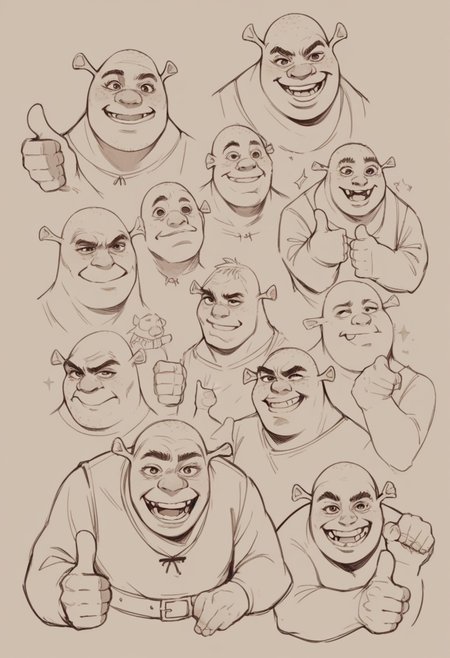 score_9, score_8_up,score_7_up, source_ anime, lineart, sketch, shrek, thumbs up, wide smile, upper body, 
<lora:Potat-lineart_sketch_v1-USENEG:-0.85> <lora:Shrek_XLPD:0.8>