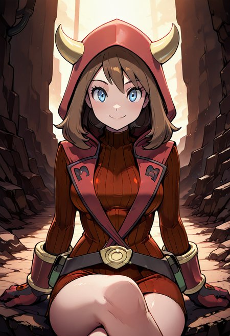 masterpiece, best quality, solo, curvy, beautiful eyes,  zzMayMagCitron, blue eyes, brown hair, medium hair, red dress, red gloves, hood up, fake horns, ribbed dress, ,<lora:MayMagmaPokemonCitron_IXL:1.0>, sitting, crossed legs, upper body focus, smile, looking at viewer, shiny skin,