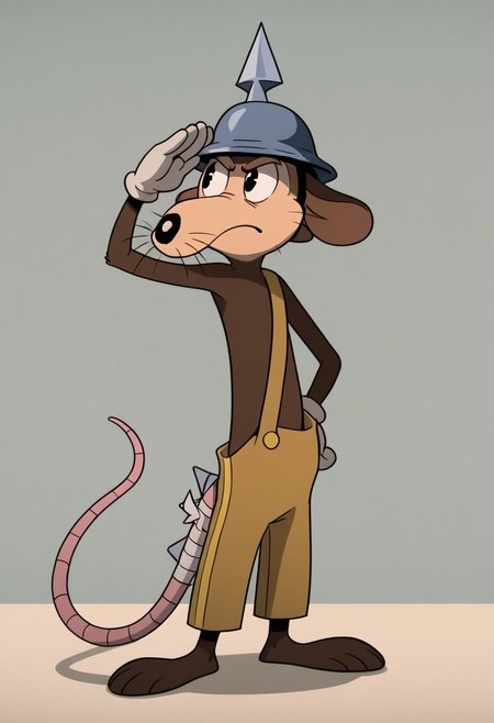 score_9, score_7_up, (masterpiece, extreme detail, best quality), solo focus, male, Werner Werman, mouse, black eyes, brown fur, whiskers, pointy nose, spiked helmet, rat tail, light brown overalls, lederhosen, grey boots, perfect hands, white gloves, cartoon gloves, full-length portrait, skinny, petite, standing, mouth closed, serious, ears down, salute, hand on head,serious, looking up, source_photo, source_furry, extremely detailed, pattern background, shadow, shading, hyperrealistic, bandaged tail