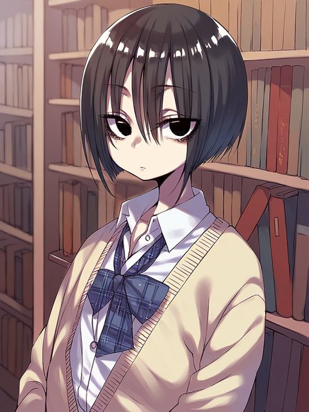 score_9, score_8_up, score_7_up,  
1girl, Kurose kana, short hair, black hair, black eyes, flat chest,

standing, upper body, expressionless, looking at viewer, 
library, plaid bowtie, school uniform, white shirt, cardigan,