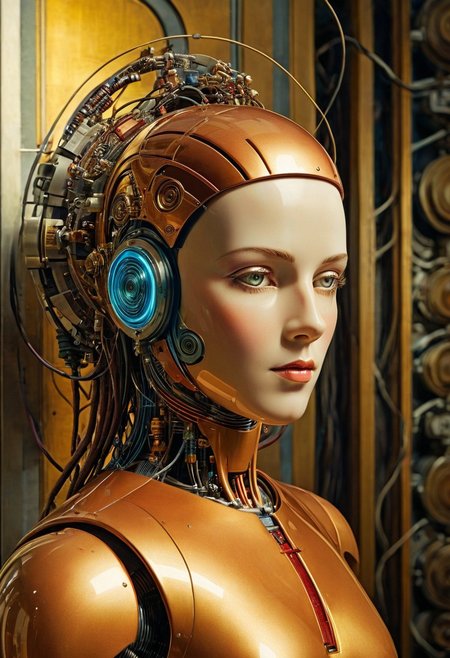 , award winning  robot woman automaton  hybrid human and machine, wire dreadlock hair, regal, temple guardian ,
backlighting, bloom, light sparkles, chromatic aberration, sharp focus,
robot, robotics, micronics, android, retro-futurist, automatic, assembly, factory