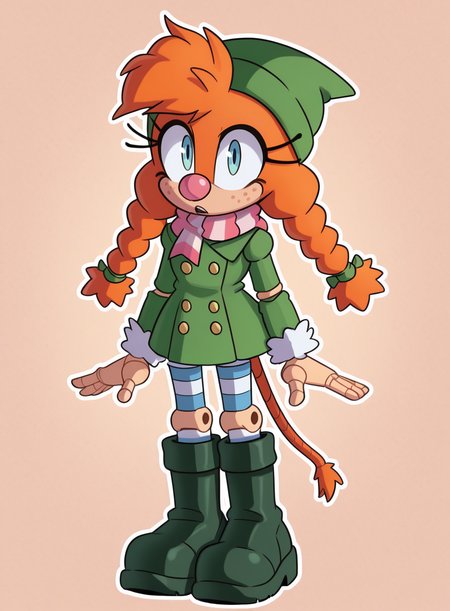 solo, <lora:krack:1> krackstyle,
<lora:Belle:0.8> belle the tinkerer, orange fur, green headwear, twin braids, clown nose, eyelashes, pink nose, doll joints, robot joints, blue eyes, marionette mouth, mouse tail, winter outfit, double-breasted coat, short skirt, striped pantyhose, boots, ribbon scarf, extremely detailed, highres, masterpiece, best quality