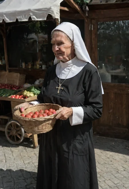 Vigorous, Granny, Wrinkly, Elderly nun, sweeping a walk, in early spring, in a French Market  <lora:Granny_Shirt_wet_shirt:1.2>, Score_9,Score_8_up, Score_7_up, Score_6_up,