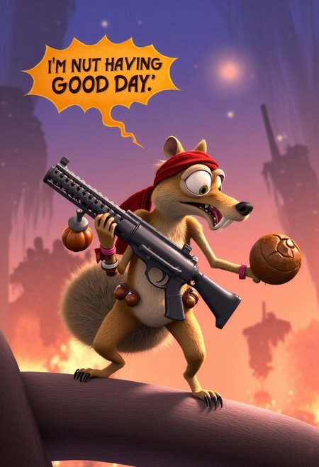 A hilarious and action-packed 3D cartoon scene featuring a squirrel resembling Scrat from Ice Age, but fully transformed into a wild Rambo-style warrior. The squirrel stands dramatically on a rugged tree branch, its crazed eyes wide with intensity and its iconic oversized front teeth bared. Its matted fur is scratched and dirtied, with a tattered red bandana tied tightly around its head, adding to its battle-worn appearance.
In one paw, it grips a comically large, cartoon-style automatic weapon, complete with acorn-shaped ammo dangling from the magazine. In the other paw, it holds a grenade cleverly designed to look like a cracked walnut, ready to hurl it into action. A tiny utility belt with miniature acorns and grenades is slung across its body, and a twig knife is strapped to its leg for extra flair.
The backdrop is an epic action-movie-style scene, with smoky skies, fiery explosions in the distance, and embers floating through the air. Above the squirrel, a jagged speech bubble declares, 'I’m nut having a good day,' in bold, distressed lettering, perfectly encapsulating its chaotic, comedic energy. The scene is a perfect blend of over-the-top action parody and Scrat’s signature manic charm, making it irresistibly funny and visually dynamic