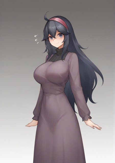 1girl, hex maniac (pokemon),@_@, ahoge, alternate breast size, black hair, breasts, closed mouth, dress, flying sweatdrops, gradient background, grey eyes, hair between eyes, hairband, long hair, purple hairband, smile, turtleneck, zPDXL3 <lora:playerz:1>