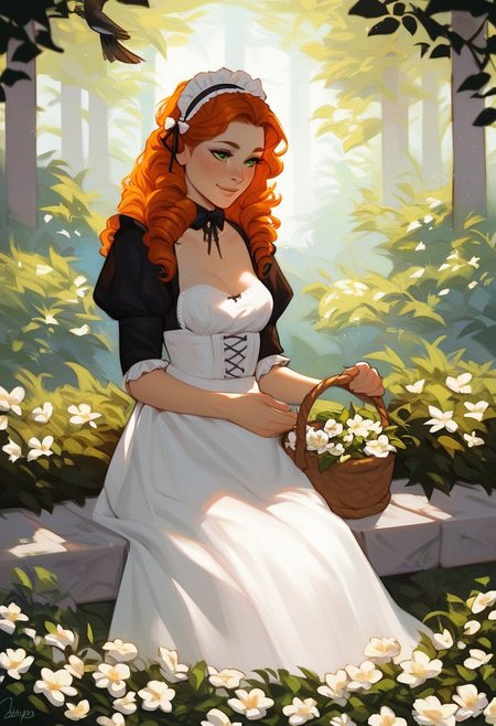 score_9, score_8_up, score_7_up, score_6_up, 
1girl, solo, french maid, green eyes, petite body type, medium perky breasts, light tan skin, cute smile, long hair, curly hair, orange hair, simple maid dress with floral embroidery, lace headband, sitting cross-legged on a stone bench, forest clearing, holding a woven basket of flowers, golden sunlight, birds chirping, serene atmosphere.