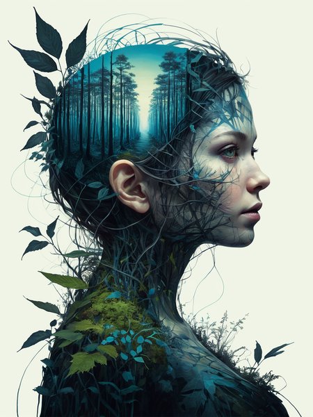 mysterious silhouette forest elvf woman, by Minjae Lee, Carne Griffiths, Emily Kell, Geoffroy Thoorens, Aaron Horkey, Jordan Grimmer, Greg Rutkowski, amazing depth, masterwork, surreal, geometric patterns, intricately detailed, bokeh,  perfect balanced, deep fine borders, artistic photorealism , smooth,  great masterwork by head of prompt engineering   <lora:add-detail-xl:2>  <lora:Double_Exposure:0.5>