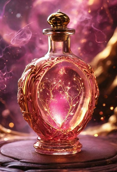 Score_9, Score_8, high_def, highest quality, 4k, best quality, masterpiece, focused, defined, Photorealistic magic potion, intricate glass bottle, elixir, vibrant pink and gold colors, glowing with a soft radiant glow, ethereal light, wax seal, radiant golden highlights, magic lights, luminous, dynamic reflections, magical aura, highly detailed, fantasy essence, glowing spark-like particles, radiant aura, with streaks of molten gold and shimmering metallic accents, evoking a sense of ethereal beauty and majesty