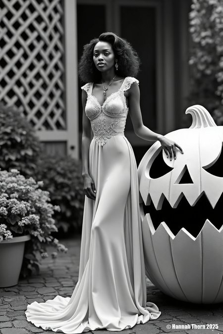 A black and white photograph, reminiscent of vintage Hollywood glamour shots, captures a young black woman in a delicate floor-length gown standing beside a large, intricately carved jack-o'-lantern. The setting is a charming outdoor scene, with a lattice structure and foliage visible in the background. The woman's elegant pose and the festive Halloween prop combine to create a unique and memorable image, balancing elegance with a hint of whimsical festivity. The soft lighting and the overall style contribute to a nostalgic, almost storybook feel.<lora:_Flux\_Film-Retro\Pre-Code_Hollywood-concept_2.safetensors:1.0:1.0>