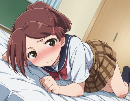 score_9, score_8_up, score_7_up, source_anime,
akosuminoe, <lora:ako-suminoe-ova-ponyxl-lora-nochekaiser:1>,
ako suminoe, short hair, brown hair, hair ornament, brown eyes, ponytail, hairclip,
skirt, shirt, school uniform, white shirt, socks, plaid, kneehighs, plaid skirt,
indoors, bed, bed room, on side, blush, drunk,
looking at viewer, dutch angle, cowboy shot,