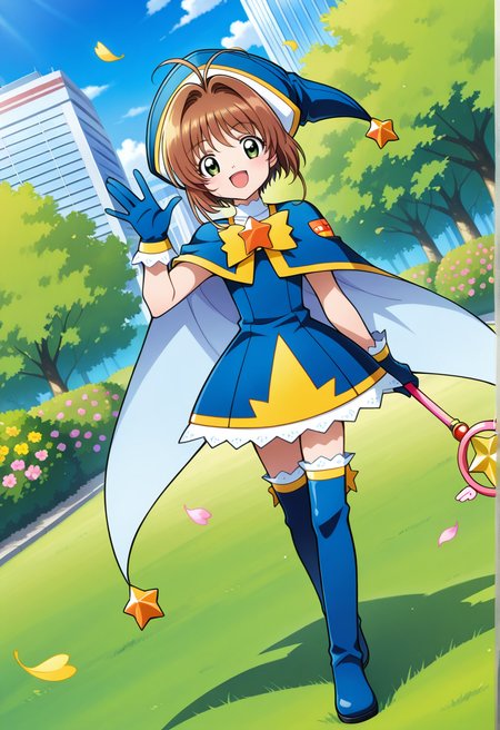 outdoor, trees, grass, cityscape, floating leaves, flowers,
BREAK,
{open smile|light smile},
{full body|cowboy shot}, (posing:0.4),
dynamic angle, 
BREAK,
<lora:sakuraS_illustriousXL_v03:0.9>
kinosakubs, short hair, brown hair, ahoge, wizard hat, blue headwear, green eyes,
blue dress, frills, capelet, blue capelet, blue gloves, frilled gloves, coattails, 
frilled thighhighs, blue thigh boots, frilled boots, 
star wand, holding wand, starwand,, source_anime, very aesthetic, anime coloring, masterpiece, 
best quality, amazing quality, ultra detailed, very aesthetic, 
detailed background, 
BREAK,