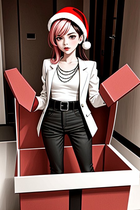 1 girl in a gift box,   <lora:yomama_surprise_gift_v5-10:0.8>yomama_surprise_gift_v5 <lora:LCM_LoRA_Weights_SD15:1> indoor, Christmas decoration <lora:sprwbyNeopolitan-27:0.8> neopolitandef, necklace, white jacket, leotard, black gloves, black pants, belt,