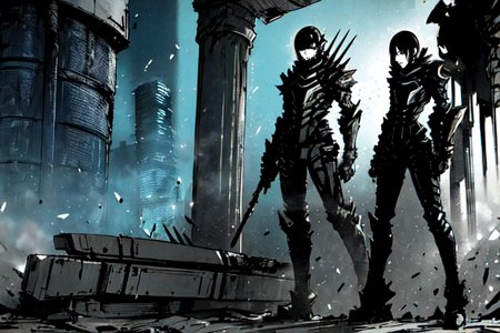 highly insanely detailed, masterpiece, top quality, best quality, highres, 4k, 8k, RAW photo, (very aesthetic, beautiful and aesthetic),  
tsutomu nihei,nihei_tsutomu,blame!,blame gakuen!,abara,TNstyle,sidonia_no_kishi,(giant room,city ruins,sidonia \(ship\),tower,tunnel,mausoleum,lab,hangar,stairs),steam,dark background,cyberpunk,futuristic,no human,dystopia,destroyed,open space, 
<lora:ABARA:0.8>, 
(1girl:1.3), 
solo focus, 
denim blue background,golden blonde background,(colored camouflage background,multicolored background),âââ