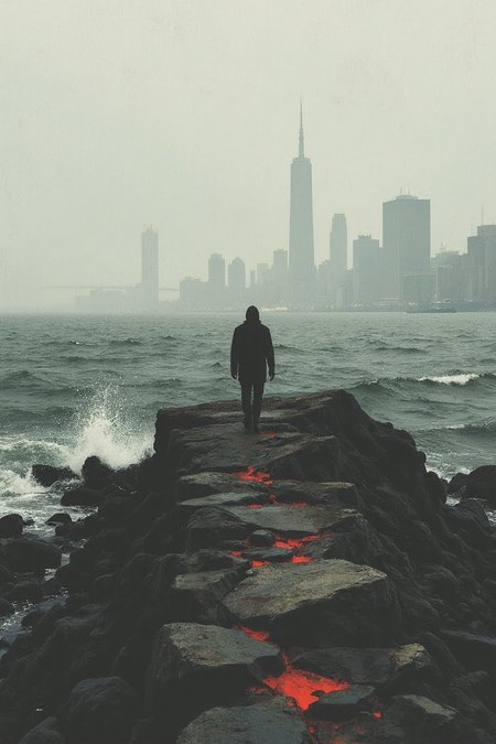 Foreground: Jagged rocks and turbulent water at the edge of Knife's Point. Middle Ground: A solitary figure, dressed in dark clothing, walking slowly away from the viewer along the rocky outcrop. Background: A hazy, overcast view of the NYC skyline, with the East River stretching into the distance. Subject: The figure is positioned within the middle ground, connecting the harsh foreground with the distant, muted cityscape, emphasizing their isolation and the somber mood. Style: Realism with a focus on atmospheric perspective and a muted color palette to convey a sense of sadness and solitude.