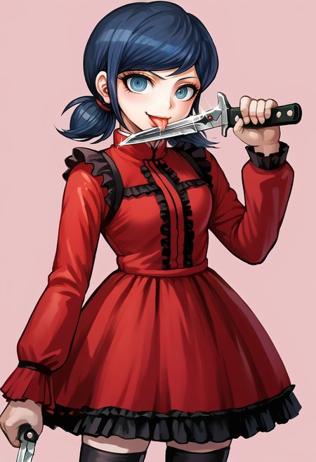 score_9, score_8_up, score_7_up, score_6_up, score_5_up, score_4_up, BREAK source_anime, masterpiece,
simple background, pink background, cowboy shot,
smile, looking at viewer, holding butcher knife,
jdr3ss, dress, black frills, red clothes, thighhighs, long sleeves,
<lora:J-Fashion-Dresses-PDXL_Sakura-Anko_v1:1>,
imtdupacheng, blue eyes, blue hair, short twintails, hair bun, low twintails, swept bangs,
<lora:Marinette-Dupain-Cheng-ML-PDXL_ShutUpImTired_v1:0.5>,
<lora:Komatsuzaki-Rui-Danganronp-art-PDXL_Neclordx_v1:1>,
KN1F3L1CKV1,
licking_weapon, licking_blade, holding_knife, knife, holding_weapon, tongue_out, saliva, saliva_trail,
 <lora:Blade-Lick-PDXL_Jayler_v1:1>