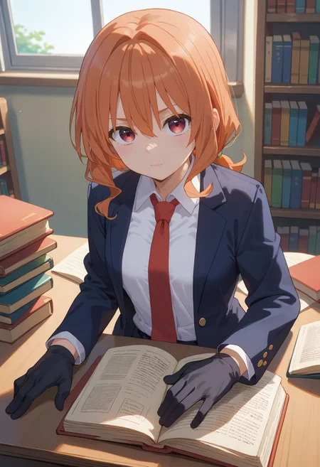 score_9,score_8_up,score_7_up,  <lora:amagami_yuna_pdxl_goofy:1> amagamiYuna, hair between eyes,  hair intakes,medium hair, orange hair, 1girl, black gloves, black jacket, blazer, book, book stack, bookshelf, collared shirt, day, desk, dress shirt, gloves, hand up, indoors, jacket, long sleeves, looking at viewer, necktie, open book, open clothes, open jacket, red necktie, school uniform, shirt, sitting, solo, white shirt, window