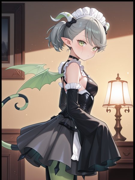 arianna the labrynth servant, 1girl, solo, looking at viewer, lamp, black border, demon girl, green demon wings, white maid headdress, black hair bow, black corset, black wide sleeves, white maid dress, mismatched legwear, sleeves past fingers, scar on face, from side,
masterpiece,best quality,amazing quality,very aesthetic,absurdres,newest,<lora:Arianne and  Arianna the Labrynth Servant illusXL v1.1:0.75>,