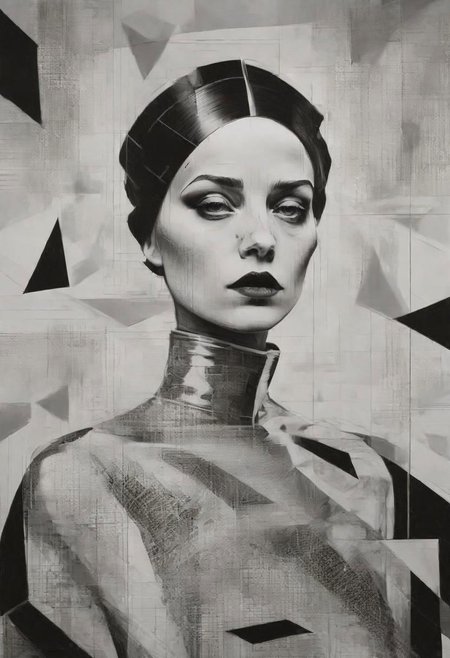 pop surrealism, rough crosshatch drawing pop art Lunatic_Portrait of a girl in latex, slick back, low bun, black makeup, sinister expression, intense glare, avant-garde, abstract, weird, geometric, constructivism, suprematism, rayonism, verticism, lineism, tj