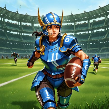 blood bowl style,11 boys,stadium,grass,1 girl,human,armor,helmet,solo,holding ball,running,cowboy shot,
masterpiece, good quality,best quality, ultra-detailed, best illustration, high quality, absurdres, detailed background, very aesthetic, highly detailed, highres, high quality, best quality, Sian art style, official art, game cg,face focus,