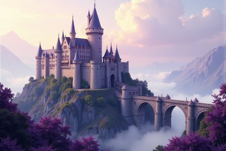 A medieval castle rendered in Chrono-Impressionist Temporal Flux, where multiple time periods blend and shift. Use stone grey and regal purple to represent different eras, creating a dynamic, time-bending composition.âââ