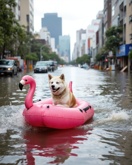Imagine an image in the style of cinematic photorealism: A joyful Akita Inu dog named Yujin, happily navigating the flooded city streets in a pink flamingo inflatable boat. Yujin is smiling contentedly as he passes by half-submerged vehicles and debris. The boat's wake creates ripples that distort the reflection of a distant, partially flooded skyscraper., <lora:flux\personas\YujinLiz.safetensors:1.0:1.0> <lora:flux\estilos\Flooded_Streets_Flux.safetensors:1.0:1.0> <lora:flux\estilos\PCB_Image_Enhancer_for_FLUX.safetensors:1.0:1.0>
