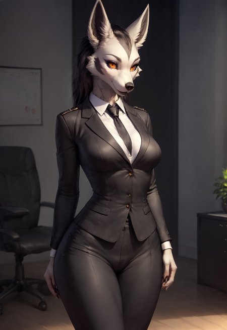 safe_pos, score_9, score_8_up, score_7_up, ultra hi res, by reallynxgirl, uploaded on e621,safe content, 3d, female, solo, mightyena, office, office uniform:1.2), medium breasts, detailed background, 