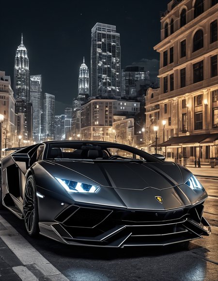 2023 Lamborghini Avendor black and gray with night light downtown background and moonlight landscape,  highly detailed 8k resolution high contrast, intricate details, <lora:add-detail-xl:1>