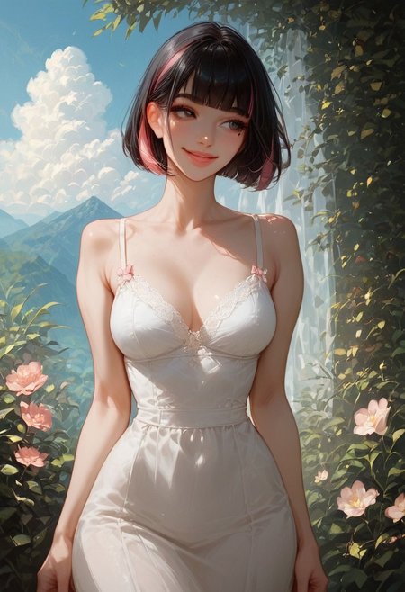 score_9, score_8_up, score_7_up, score_6_up, score_5_up, score_4_up, Sarah, SarahRH, Expressiveh, detailed, short black hair, bob cut, straight hair, blunt bangs, dyed bangs (pink), (pink) streaked hair, dark eyes, cute face, beautiful lips, medium breasts, curvy, large hips, pale skin, mole under her eye, outdoors, (white) sundress, windy, looking away, little smile, pensive, mountains background, aesthetic, cowboy shot, Dutch angle