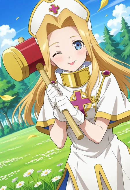 light smile,  tongue out, wink, holding toy hammer, blush, red hammer,  small hammer,  holding pikohan,
cowboy shot, dynamic angle,
BREAK,
<lora:minti_illustriousXL_v04:0.95>
mintbase, blonde hair, long hair, blue eyes, parted bangs, white cap, white headwear, 
white dress, short sleeves, white gloves, priestess, cleric, white robe, gold trim, high collar, 
white footwear, white shoes,, source_anime, very aesthetic, anime coloring, masterpiece, 
best quality, amazing quality, ultra detailed, very aesthetic, 
detailed background, 
BREAK,, forest, flowers, clouds, day, floating leaves,