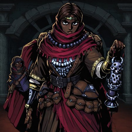 masterpiece, best quality, newest, absurdres, highres, DDstyle, official style, black eyes, shaded eyes, 1girl, DDDuelist-V1.1, dark skin, dark-skinned female, armor, circlet, cape, belt, dredlocks, brown hair, gauntlets, belt,
