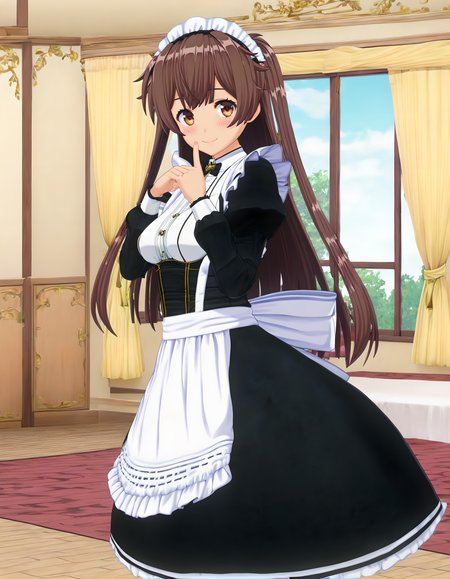 <lora:pony_xl_muku:0.8>,muku,score_9,source_anime,best quality,masterpiece,super fine illustration,1girl,solo,looking at viewer,maid,maid headdress,black dress,puffy sleeves,long sleeves,maid apron,frills,kneehighs,white socks,smile,light_blush,looking at viewer,indoors,window_,curtains,cowboy_shot,looking_at_viewer,standing,hand_to_mouth,index_finger_raised,