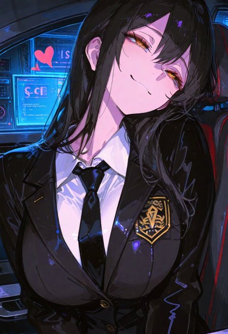 score_9, score_8_up, score_7_up, score_6_up, source_anime, incredible quality, detailed facial expressions, {masterpiece},illustration,beautiful detailed,colourful,finely detailed, intricate details,1girl, solo, young, 20years old, black long hair, looking away, long sleeves, looking at viewer, yellow eyes, big breasts, white shirt, UHD, masterpiece, hyper detail, super detail, anime screencap, black jacket, shirt, black tie,  erotic smail, eyes smiled, heart in pupils, half-closed eyes