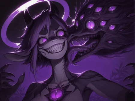 masterpiece, best quality, newest, highres, absurdres, 
 <lora:Eldritch_horror_concept_LoRA:1.2> (1uxfer0:1.2), head, destroyed head, extra eyes, (halo:1.4), (extra eyes background:1.4), teeth, (sharp teeth:1.5), (tongue:1.4),  __drakopa__, 
1girl, (solo:1.2),  small breasts, looking at another, __jojoposes__, 
<lora:Dramatic Lighting Slider:3.5>