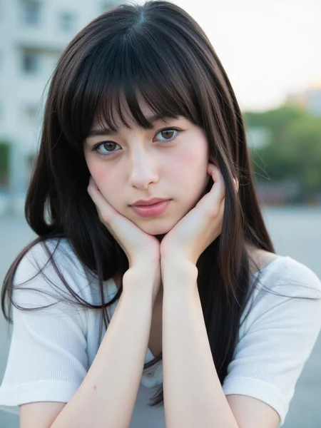 There are wonderful studio lights and various reflections,
18yo beautiful cute girl with blushing and female orgasm.skin naturally showing the texture of blood vessels and detailed pale skin,
--,
<lora:Nakajo_Ayami_f1:1>,she is Nakajo Ayami, The image is a portrait of a young Asian woman with long dark hair and bangs.  Her female orgasm blush and tears flow,full of sexual desire,Her is resting her chin on her hand. The background is blurred,but it appears to be an outdoor setting with a building visible in the distance. The overall mood of the image is lascivious and erotic.,,