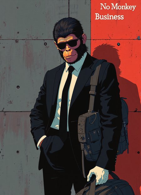 A stylish digital illustration of a man getting ready for a bank heist. Man wearing monkey mask and black dark sunglasses. He is standing in front of a concrete wall. He is wearing black suit and black tie and white glove. He is holding a MP5 submachinegun and has duffle bag on him. The atmosphere is tense but the man is professional and keep his cool. The illustration has a minimalist style with bold color scheme with high contrast. On top of the image "No Monkey Business" is written in bold text.