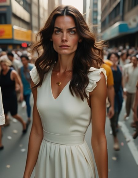 A woman with shoulder-length, wavy dark brown hair, her almond-shaped eyes filled with intensity. Sheâs wearing a simple white dress, standing in the middle of a bustling city, her calm demeanor contrasting with the chaos around her. <lora:usual-portrait-v2:1>