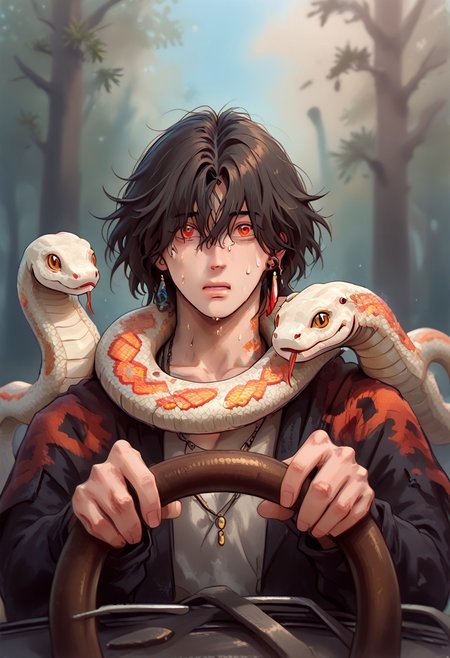 Vergilhoo,ironliliart,fiz-rot,afrobull,power crashes kobeni's car (meme), car interior, holding, steering wheel, look at viewer, crying with wide eyes open, nervous sweating, from front,A man with a snake on his shoulders trying to escape, car,in a car, , human:1.2,  (sn4k3, snake, snake on shoulders, upper body, FntsyPstlCE style), front_view, scaleless snake:1.6, white coloured snake:1.2, red eyes on snake, a giant wheel of fortune background:1.2, wheel with chances of getting hit written in it:1.2, wheel:1.5, city background