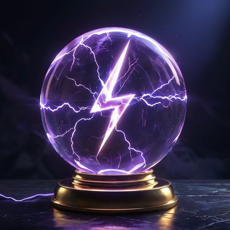 A beautiful translucent pale orb containing glowing lightning bolt symbol, crystal clear, Fancy stand, time distortion, high quality, extreme detail, ultra hd,