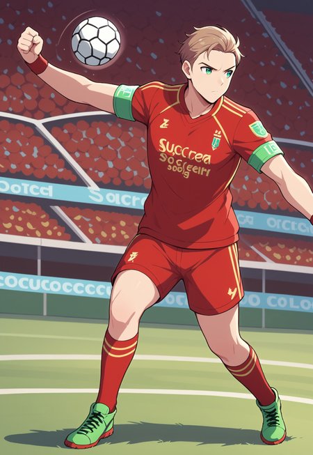 safe_pos, score_9, score_8_up, score_7_up, source_anime, front view, BREAK, ( soccer_player, green eyes, light brown hair, correct hair, best eyes, serious expression, looking to the side, red soccer shirt, green armband, red soccer shorts, red soccer socks, neon green soccer boots, playing soccer, action pose, about to kick the ball, ) 1boy, male focus, solo, BREAK, soccer ball, soccer pitch, grass, soccer stadium, coloured papers in the air, floodlights,